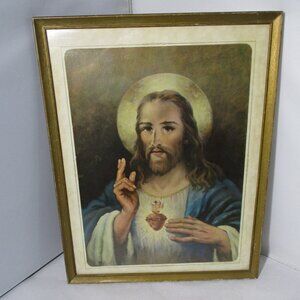 Vintage Old  1950's Framed Sacred  Heart of Jesus Religious Color Picture Print